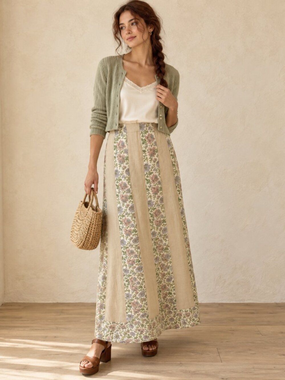 Vintage 60/70s Gregg Draddy Pastel Floral Striped Beige Maxi Skirt Linen Large